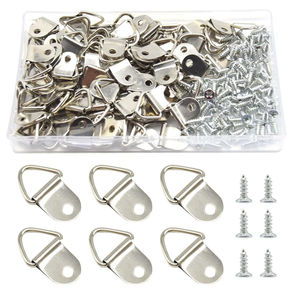 Yosawa 100 Pcs Picture Hooks Triangle Ring Picture Hangers with Screws Picture Frame Hardware（Silver/SJ）