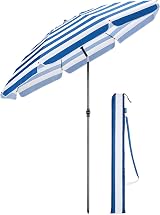 CHRISTOW Beach Umbrella 2m Tilting Parasol UV 30+ with Bag Blue Striped