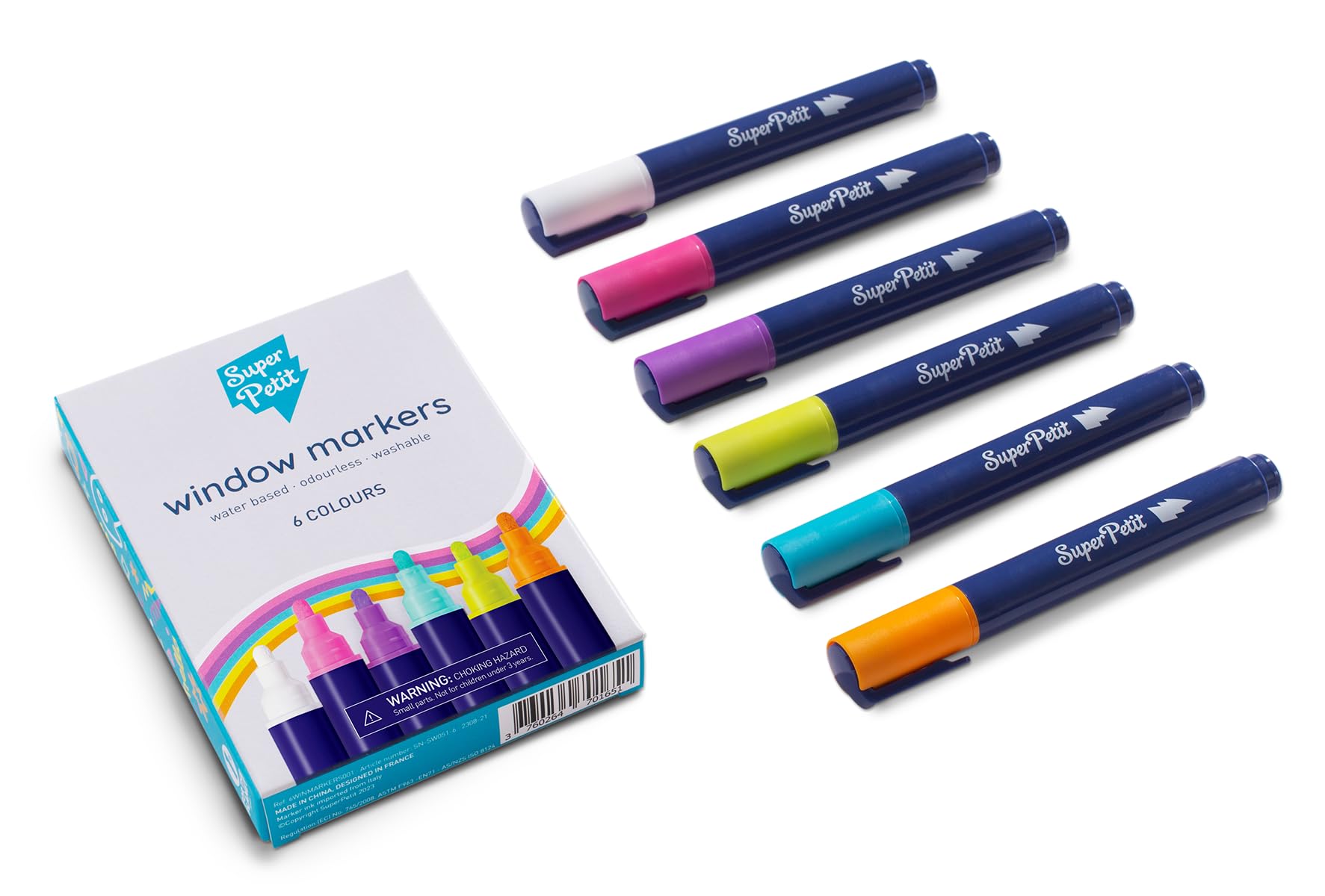 SUPER PETIT - 6 erasable felts for windows and mirrors: washable water-based felt mirrors. Extra large round tip 3 mm Perfect making Christmas decorations (6WINMARKERS001)