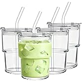 BenRain Glass Tumbler with Straw and Lid, 13 oz | Iced Coffee Cups with Lids Reusable | Clear Thick Glass for Water, Matcha, Smoothie, Cold Brew | Set of 4
