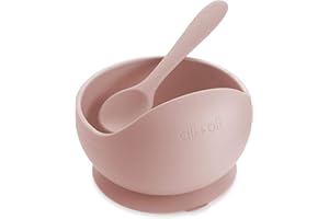 Ali+Oli Silicone Suction Bowl and Spoon Set (Blush, Original) - Unbreakable Suction Bowls for Baby 6 Months and Up, Self Feeding Baby Utensils, First Stage Baby Feeding Supplies