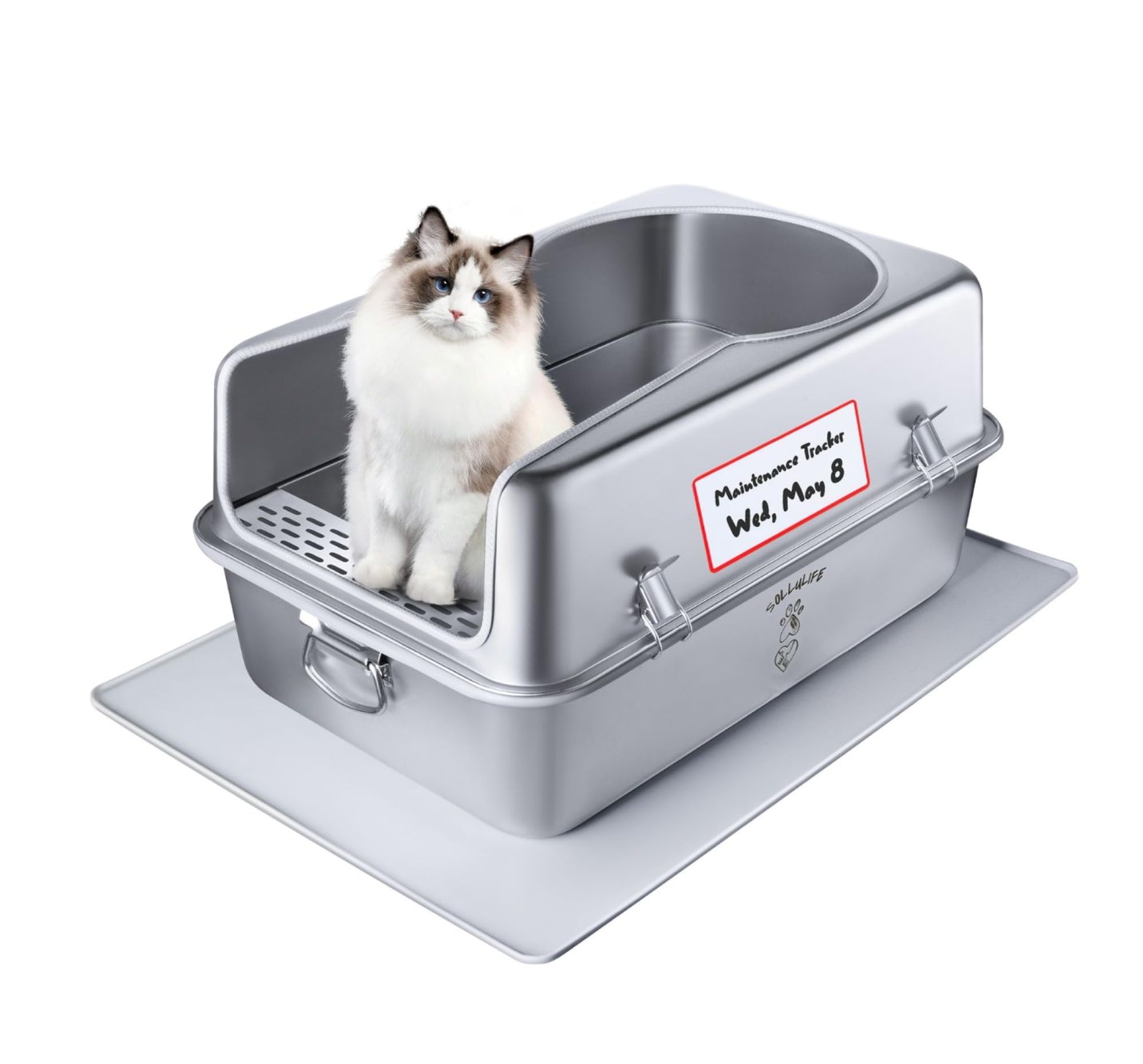 Photo 1 of Sollulife XL Metal Cat Litter Box with Lid – Non-Stick, Odor Control, Stainless Steel, Rust-Resistant, High-Sided – Easy to Clean with Handles, No-Slip Base, Leak-Proof Seal, 5 Clips, Cleaning Tracker