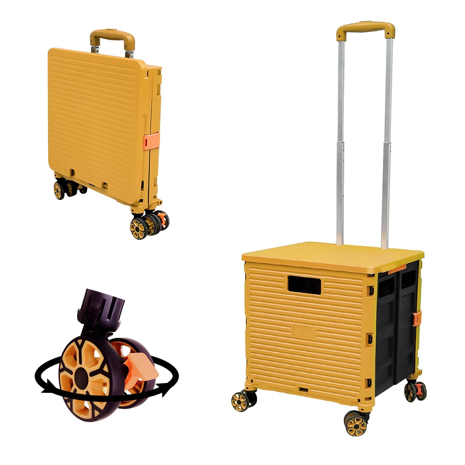 Foldable Shopping Trolley Box on Wheels with Lid Wear-Resistant Noiseless 360°Rotate Wheel & Adjustable Aluminum Alloy Handle Folding Boot Cart, 45KG/99LBS Load Capacity, Portable Durable Trolley
