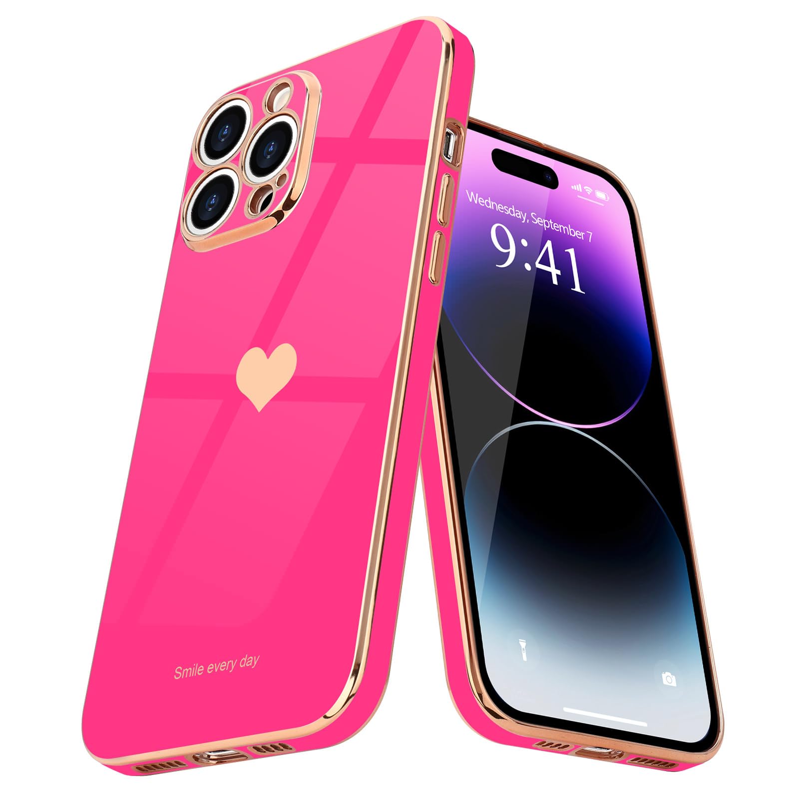 Teageo Compatible with iPhone 14 Pro Case for Girl Women Cute Love-Heart Luxury Bling Soft Back Cover Raised Camera Protection Bumper Silicone Shockproof Phone Case for iPhone 14 Pro, Hot Pink