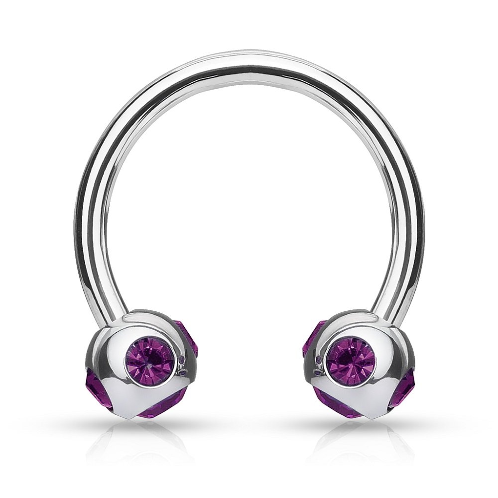 PiercedOff 316L Surgical Steel Horseshoe with Externally Threaded Balls Featuring 5 Purple CZ's - Thickness 16GA (1.2mm) / Diameter 10mm / Ball Size 4mm