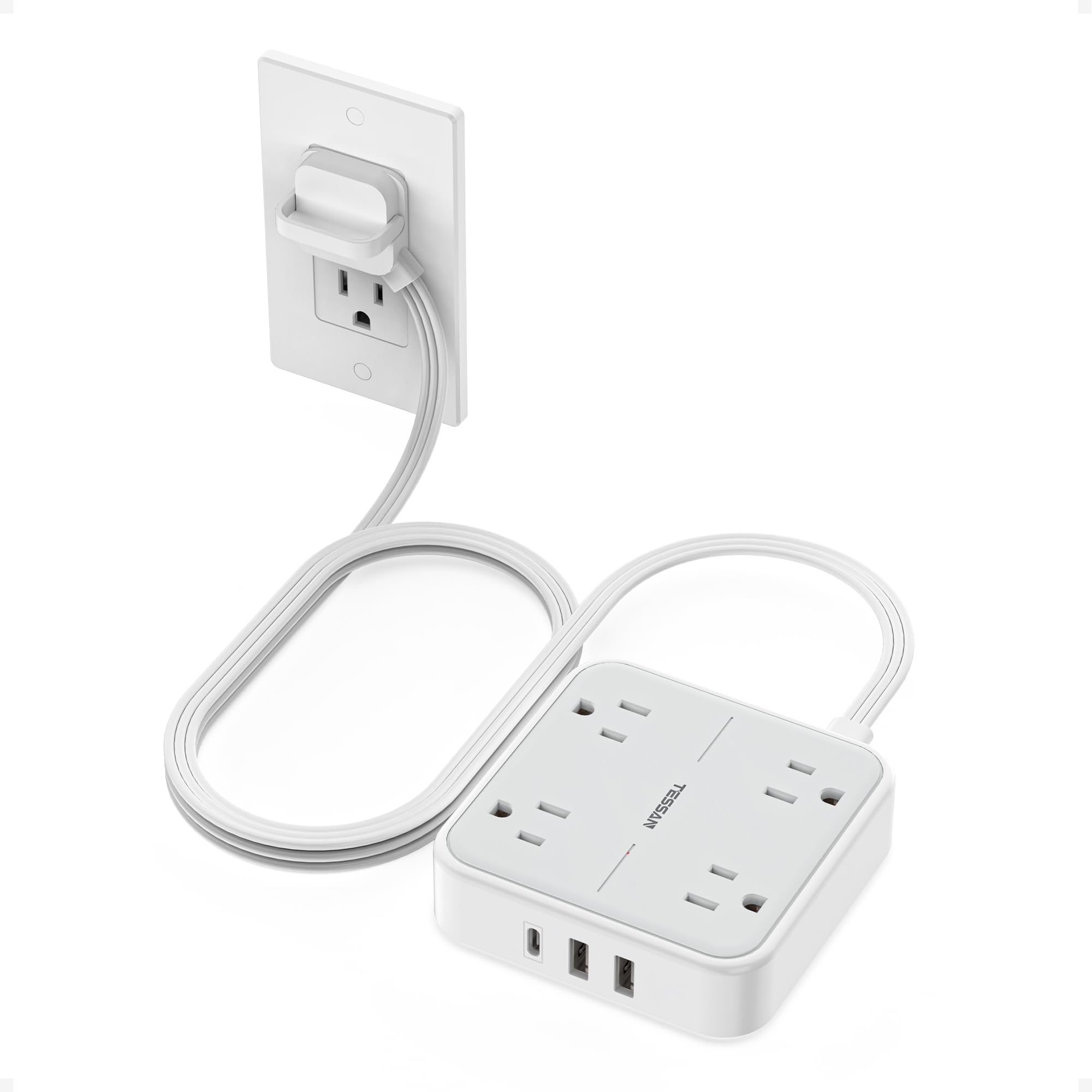Photo 1 of TESSAN Flat Plug Extension Cord 5 Ft, TESSAN Surge Protector Power Strip Ring Pull with 3 USB (1 USB C) 4 Outlets, 900 Joules Protection, Desktop Charging Station for Home, Office, College, Dorm Room,