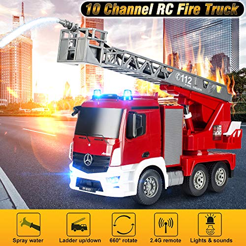 DOUBLE E RC Fire Truck Remote Control Fire Engine 10 Channel with Water Pump Lights Sounds Extendable Ladder Rechargeable Battery 2.4GHz Radio Control (New Package)
