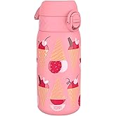Ion8 Kids Water Bottle, Steel 400 ml/13 oz, Leak Proof, Easy to Open, Secure Lock, Dishwasher Safe, Flip Cover, Carry Handle, Easy Clean, Durable, Scratch Resistant, Raised Print, Ice Creams Design