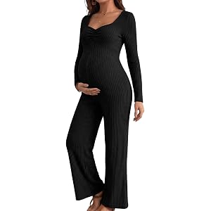 BLENCOT Maternity Ribbed Jumpsuit Long Sleeve Square Neck Stretchy One Piece Romper Pregnancy Outfits