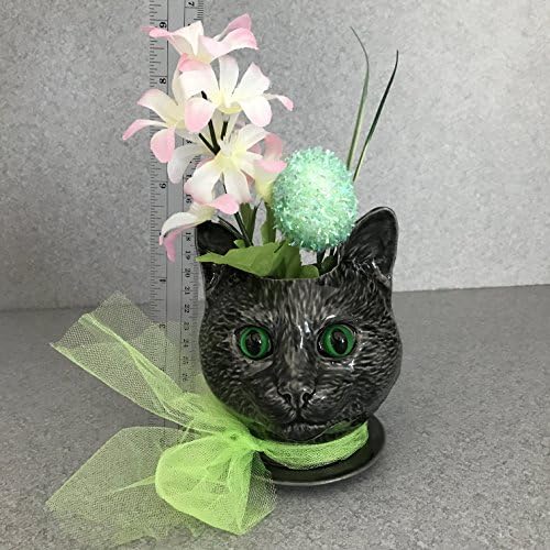 Green eyes Glazed Black Cat Doll head ceramic planter on saucer with drain holes Toothbrush desktop pencil holder