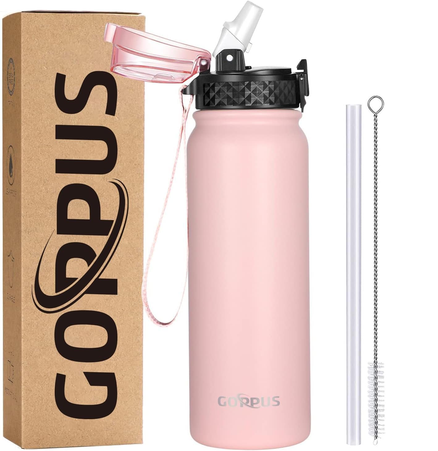 GOPPUS 600ml/20oz Edelstahl Wasserflasche mit Strohhalm Trinkflasche Sport Thermosflasche Auslaufsicher Flasche Water Bottle with Straw Thermoflasche Kohlensäure Trinkflasche