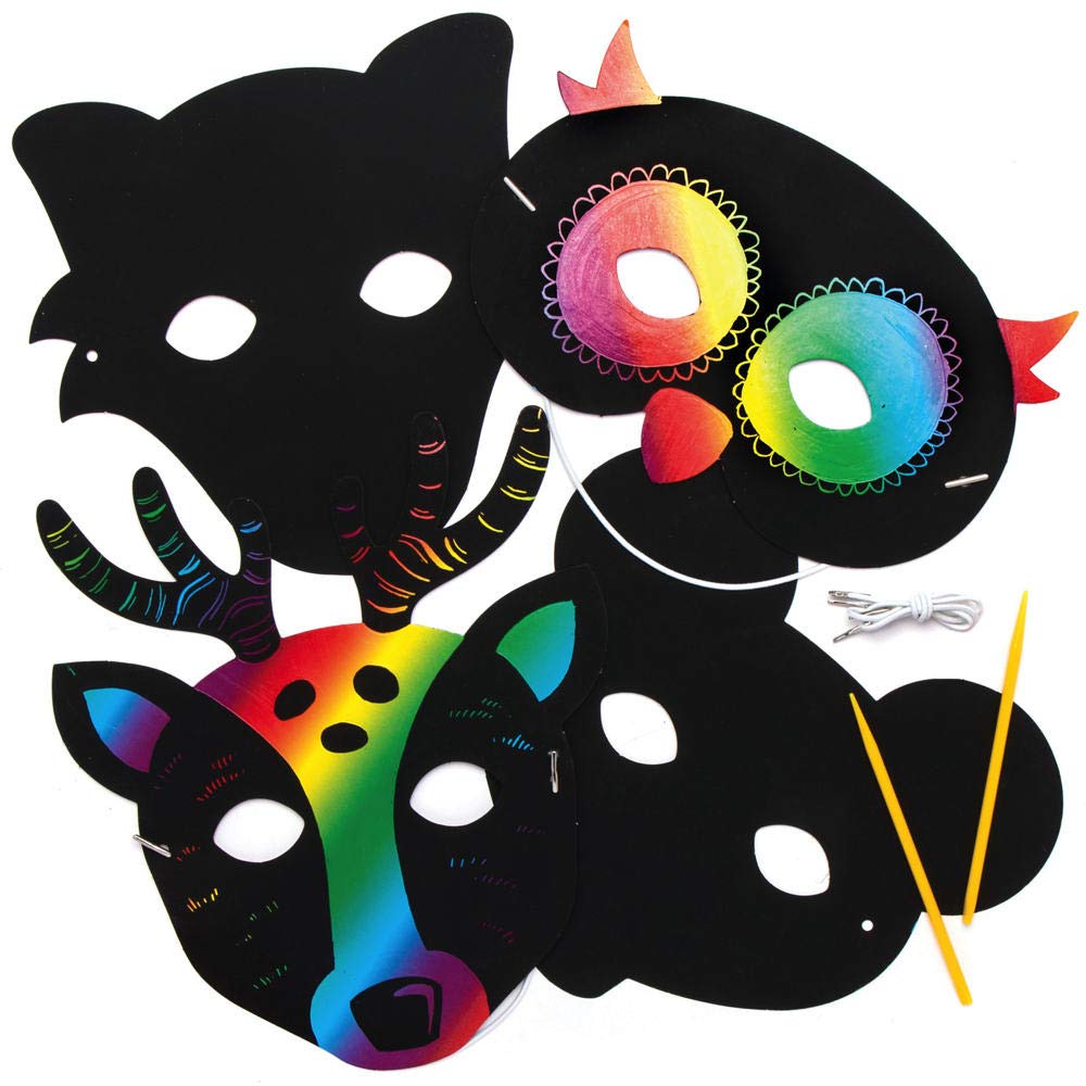 Baker Ross AX202 Woodland Animal Scratch Art Masks for Dress Up Play - Pack of 8, Magic Scratch Art and Craft Kits for Kids — image 1