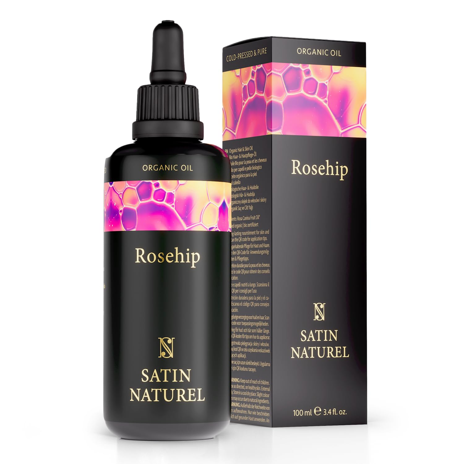 Satin Naturel Organic Rosehip Oil 100ml - Cold Pressed Anti Aging Essential Oil with Vitamin C A E - Face Oil Hair Growth Body Nails and Cuticles Oil - For a Healthy Skin Care Routine - Vegan โ image 1