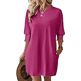 Dokotoo Womens Dresses 2025 Spring 3/4 Sleeve Fashion Dresses Crewneck Casual Mini Dress with Pockets S-XL