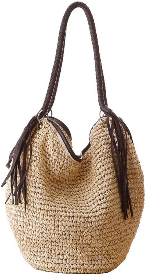 Women Straw Shoulder Bag Summer Beach Bag Tassels Tote Bag Cotton Lining Top Handle Shopper Handbag Bucket Bag