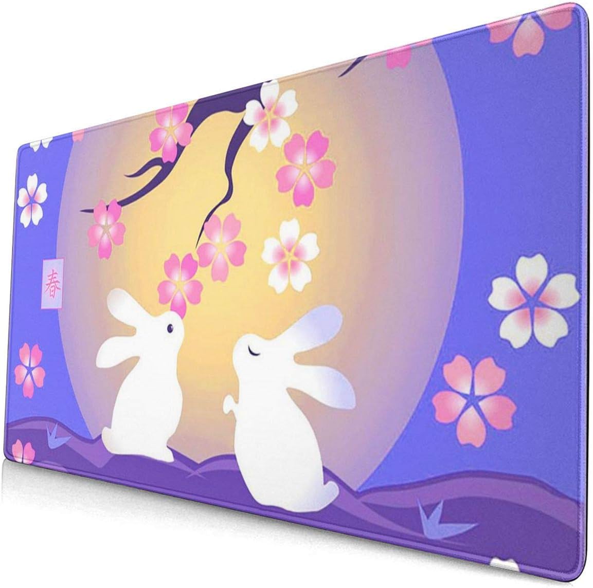 Office Desk Pad Moon Rabbits Enjoy Sakura Water-Resistant Mouse Mat for Office/Computer/Laptop