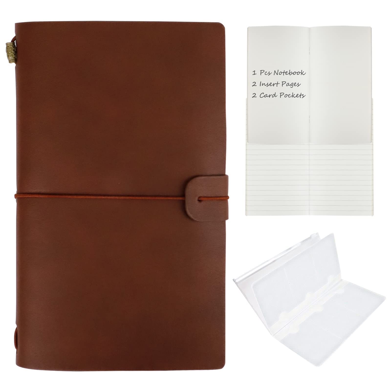 HMIEPRS Leather Vintage Notebook with Elastic Closure and Card Pockets, Refillable Travel Journal Diary, Handmade Leather Notepad 2 Kinds of Insert Book Gift for Writer, Poet, Traveler