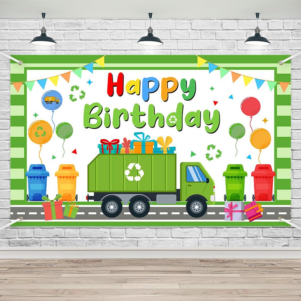 Photo 1 of Lofaris Garbage Truck Happy Birthday Banner – Kids' Trash Truck Birthday Decorations, Green Truck Party Supplies, 70.8x43.3 Inches, Fun Backdrop & Party Banner for Boys