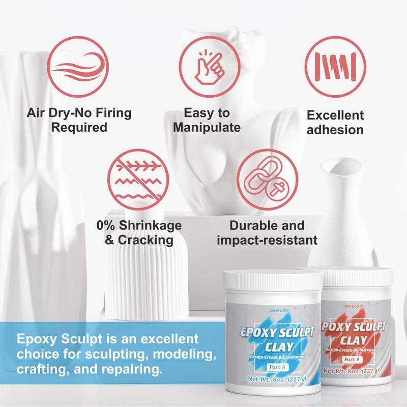 1 Pound White Epoxy Putty Sculpt Clay, 2 Part (A & B) Modeling Compound for Sculpting, Modeling, Building, Repairing, Self-Hardening Epoxy Clay Easily Repairs Metal, Wood, Tile, Ceramics, Plastic