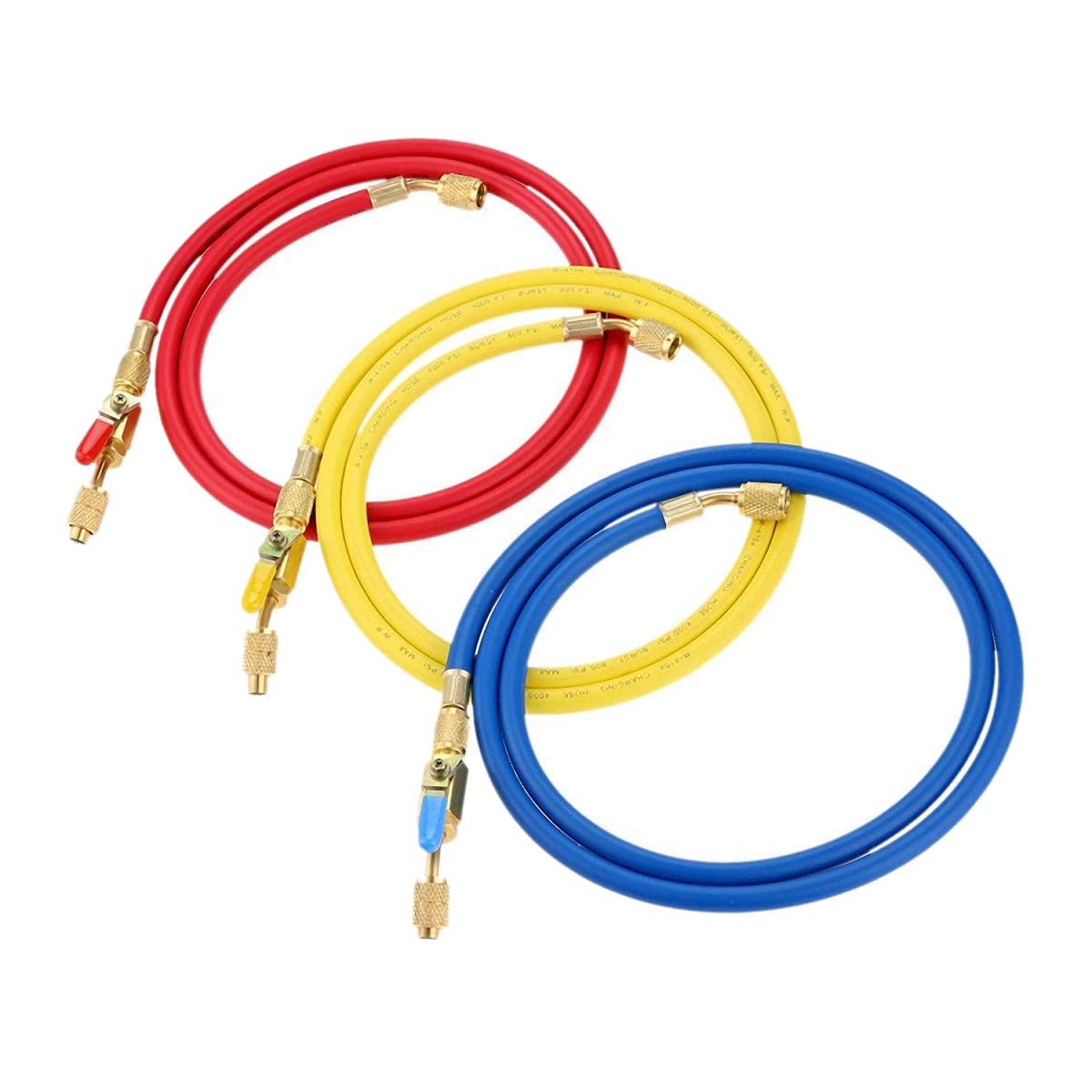 Aupoko Set Di 3 Tubi Di Ricarica Con Valvola A Sfera 1/4" SAE – Per Refrigeranti R134A, R410A, R22, R12 – Colori Rosso/Giallo/Blu