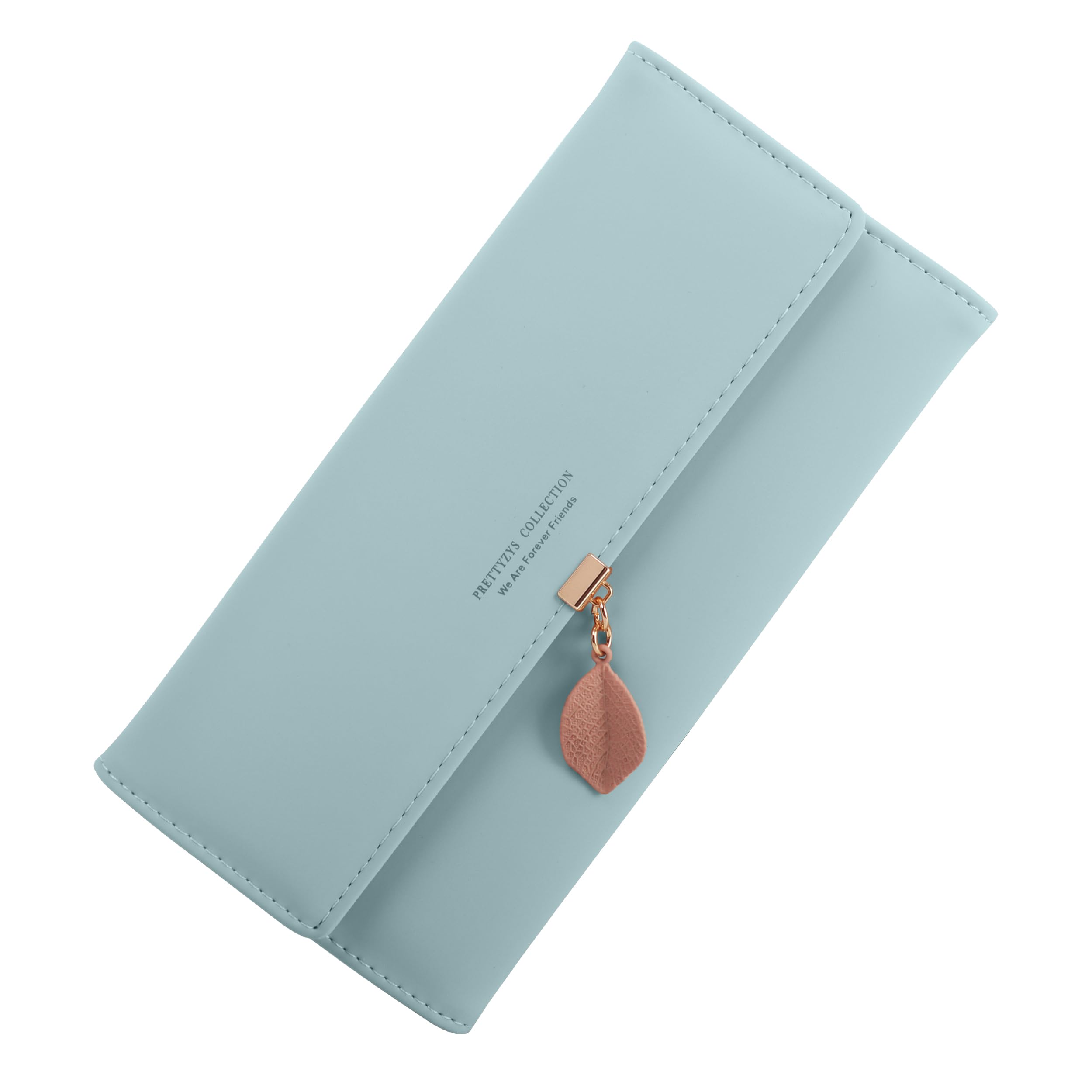 ZhengYue Ladies Purse，Women Purse RFID Blocking PU Leather Wallet for Women,Ladies Leaf Pendant Purses with Multiple Card Slots,Zipper Coin Purse & Roomy Compartment LightBlue