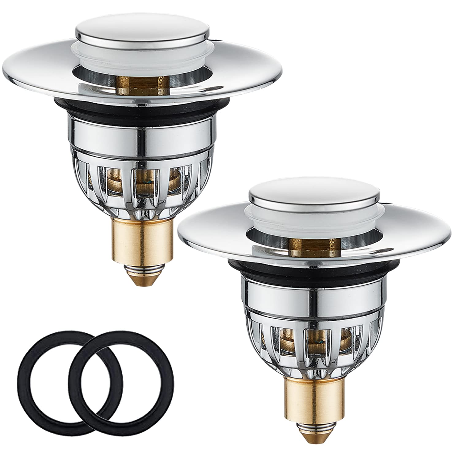 2 Pack Sink Plugs Bathroom Plug, Stainless Steel Bathroom Basin Plug Pop Up Plugs for Wash Basin, Push-Type Sink Plug Replacement Bath Drainer Filter Plug with Bounce Core for 34-40mm Drain Hole