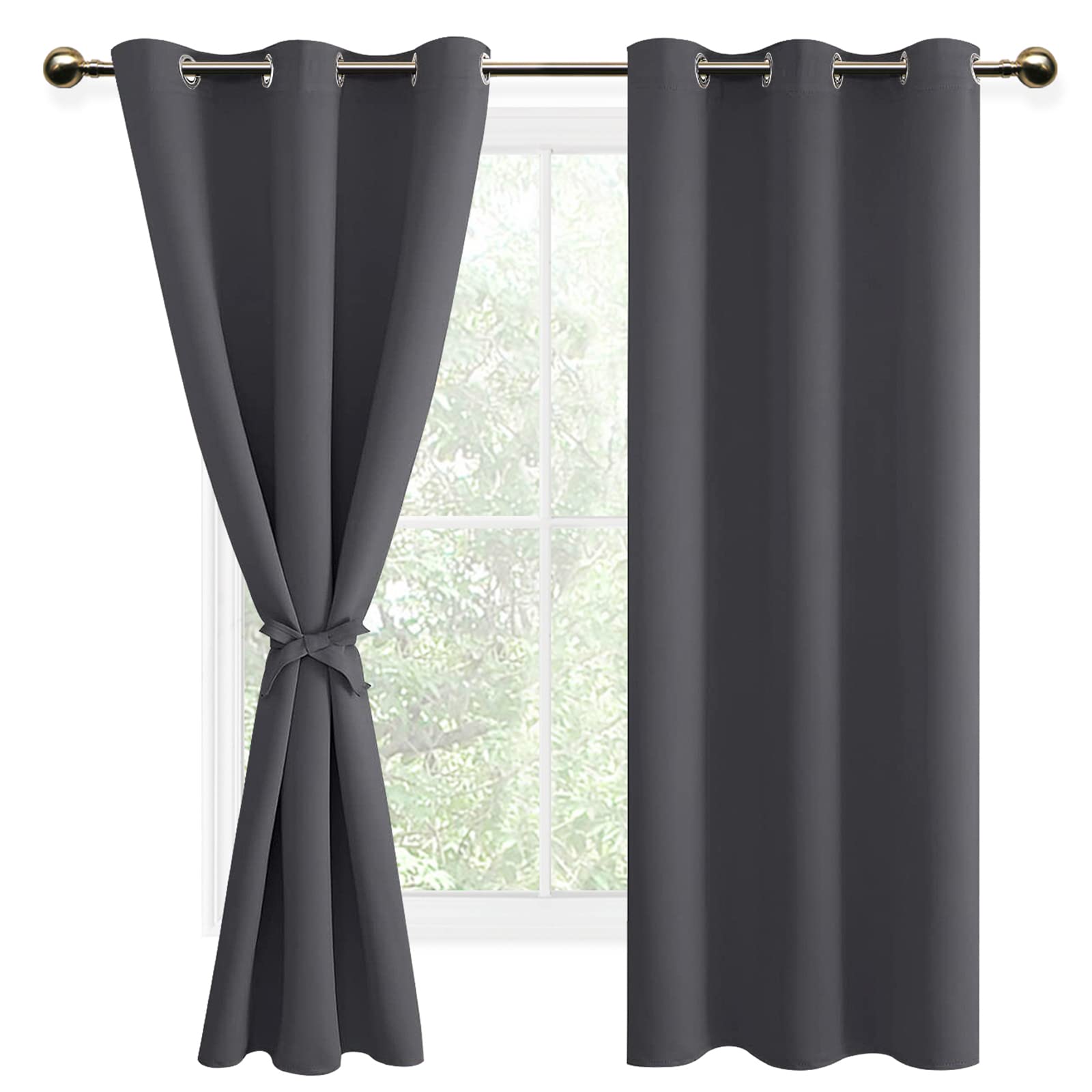 DWCN Dark Grey Blackout Curtains with Tiebacks for Bedroom Thermal Insulated Solid Eyelet Curtains for Living Room,2 Panels,46" Wide x 72" Drop — image 1