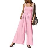 Fisoew Womens Summer Jumpsuits One Piece Casual Loose Overalls Spaghetti Strap Wide Leg Rompers with Pockets Workout Outfits