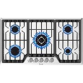 TOPWISH 36 Inch Gas Cooktop, Propane Stove Top with 5 ITALY SABAF Sealed Burners 41,800BTU, NG/LPG Convertible Built-in Stainless Steel Stovetop with Thermocouple Protection for Rvs Kitchen Outdoor