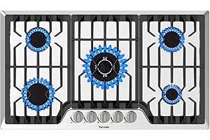 TOPWISH 36 Inch Gas Cooktop, Propane Stove Top with 5 ITALY SABAF Sealed Burners 41,800BTU, NG/LPG Convertible Built-in Stainless Steel Stovetop with Thermocouple Protection for Rvs Kitchen Outdoor