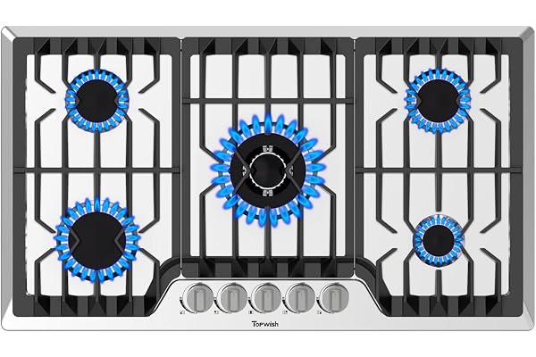 TOPWISH 36 Inch Gas Cooktop, Propane Stove Top with 5 ITALY SABAF Sealed Burners 41,800BTU, NG/LPG Convertible Built-in Stainless Steel Stovetop with Thermocouple Protection for Rvs Kitchen Outdoor