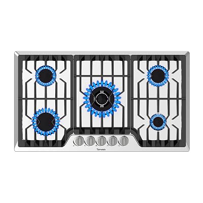 TOPWISH 36 Inch Gas Cooktop, Propane Stove Top with 5 ITALY SABAF Sealed Burners 41,800BTU, NG/LPG Convertible Built-in Stainless Steel Stovetop with Thermocouple Protection for Rvs Kitchen Outdoor