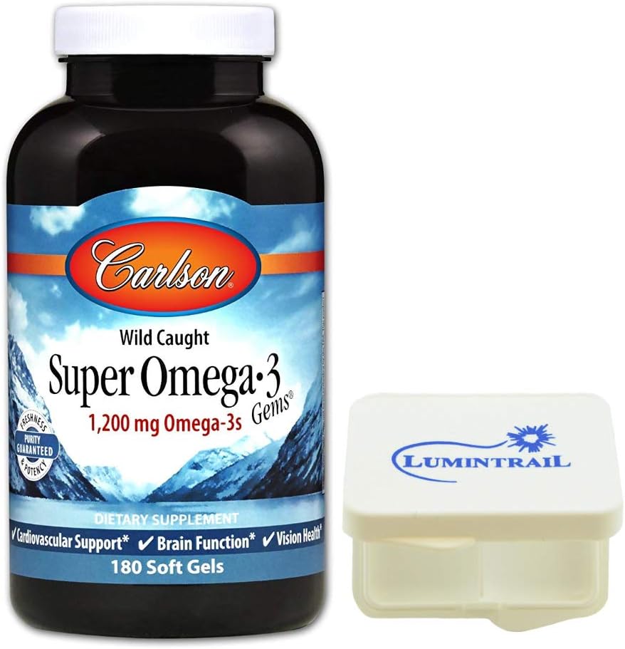 Carlson Super Omega 3 Gems, Norwegian Fish Oil Supplement 1200mg Omega 3s, 180 Soft Gels Bundle with a Lumintrail Pill Case