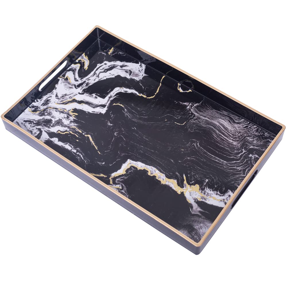 Photo 1 of MAONAME Decorative Tray, Plastic Marbling Tray with Handles, Rectangular Coffee Table Trays for Ottoman, Bathroom, 15.7” x 10.2”, Black