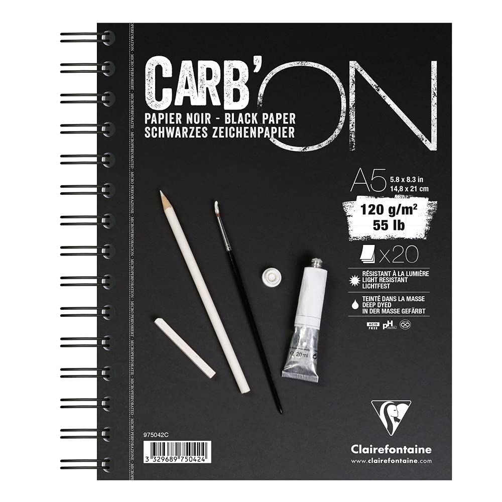 Clairefontaine - Ref 975042C - Carb'On Black Wirebound Paper Pad (20 Sheets) - A5 (210 x 148mm) Sized, 120gsm Paper, Acid Free, pH Neutral - Suitable for Watercolour