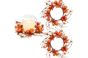 NAPMEDON 2 Pieces Pumpkins Candle Rings Wreaths Fall Thanksgiving Day Ring Holder with Maple Leaves Berries Wreath Mini Autumn Artificial for Wedding,Door Tabletop Decoration (Orange)