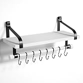 Love-KANKEI 17.3" Floating Wall Shelf Solid Wood/Bracket,Coffee Bar,White | Spice Rack,Towel Bar/8 Hooks,40 Lbs/shelf,Easy to Install,For Kitchen,Bathroom,Living Room,Bedroom,Office,Entryway Display