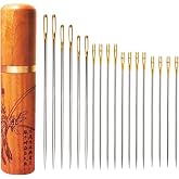 Self-Threading Needles, Sewing Needles, Needle Threader with Needle case Carving Pattern, Threaded from the top, Golden, 18 Pack