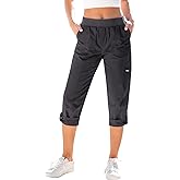 GRAPENT Capri Cargo Pants for Women High Waisted Pull On Elastic Waist Stretch Twill Fold Hem Capris Pants with Pockets