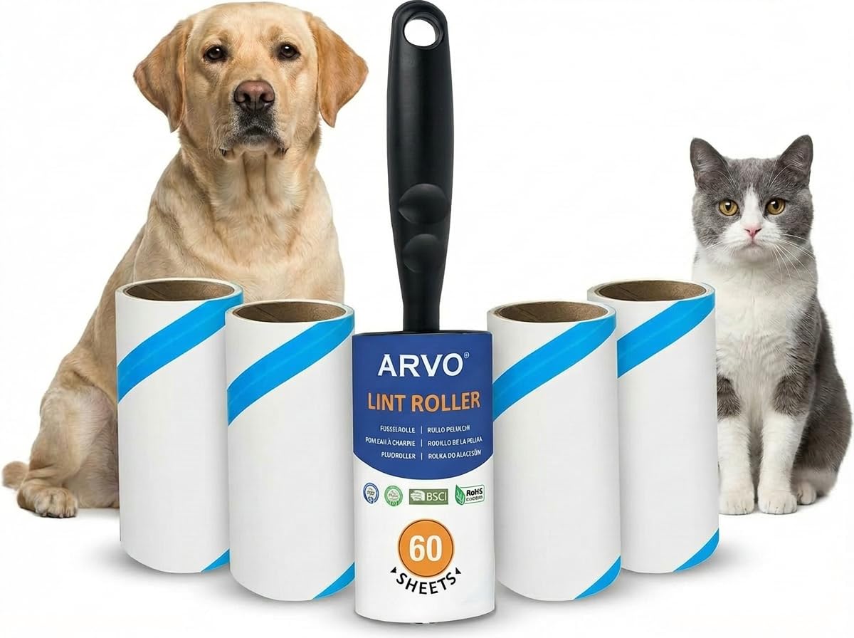 ARVO Lint Roller for Pet Hair and Dust Remover 5 pack/300 Sheets -1 Handle 60 sheets/roll, Lint Rollers for Clothes, Furnitures and Carpet, Easy to tear, Fluff & Hair Remover, Sticky Roller refills