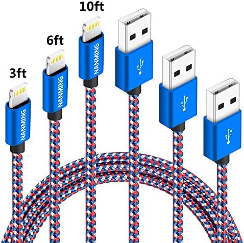 NANMING iphone Charger 3PCS 3FT 6FT 10FT Nylon Braided Lightning USB Cable Cord Charger Compatible with iphone 7 7 Plus 6 6s 6 plus 6s plus, iPhone 5 5s 5c,iPad, iPod and More (Blue+White+Red)