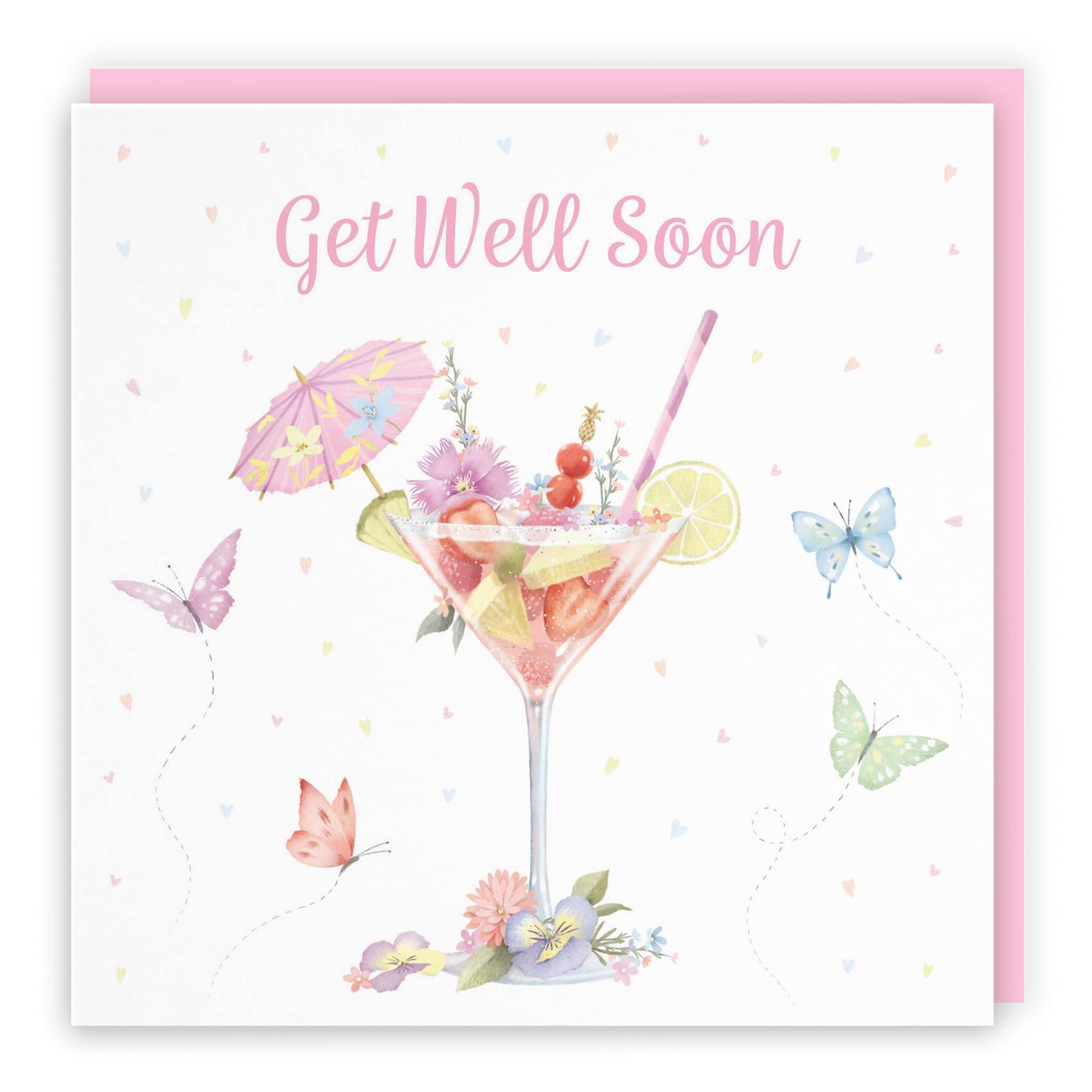 Hunts England - Pink Cocktail And Butterflies Get Well Soon Card For Her - Milo's Gallery - Female Get Well Card - Feel Better Soon Card - For Women