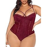 Kaei&Shi Plus Size Eyelash Lace Bodysuit, Snap Crotch Sexy Top Lingerie, Club Outfit