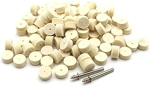 TEMO 100 pc Felt Polishing Wool Bob Burr Abrasive Buffing Pads 1/2 Inch Diameter 1/4 Inch Height Wheels #414 with 2 Screw Mandrel 401 1/8 Inch Shank for Dremel Rotary Tools