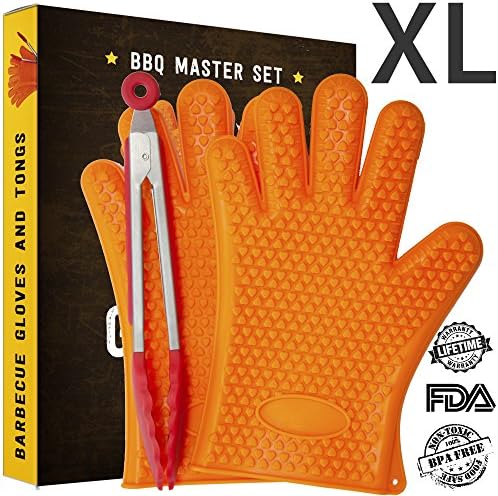 BBQ Gloves for Grill / Oven Mitts - Silicone Gloves for Cooking - Kitchen Mitts - Plus Grill Tongs
