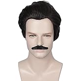 Linfairy Men Short Black Brown Wig with Mustache Halloween 70s 80s Cosplay Party Wigs