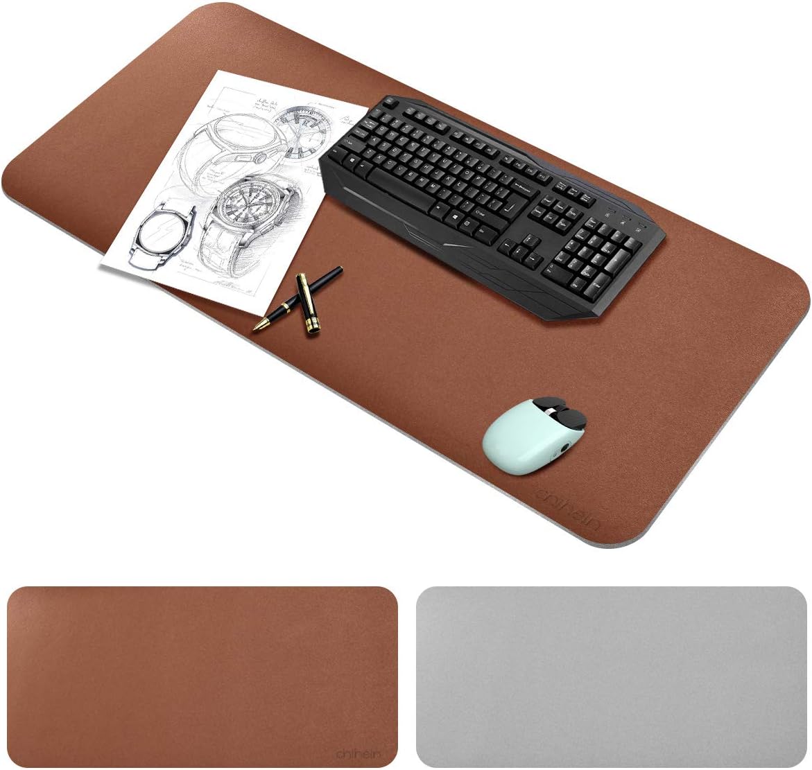 Chihein Office Desk Pad Large Mouse Pad 45.28"x19.69" Ultra Thin Waterproof PU Leather Mouse Pad, Dual Use Desk Writing Mat for Office/Home(Brown/Gray)