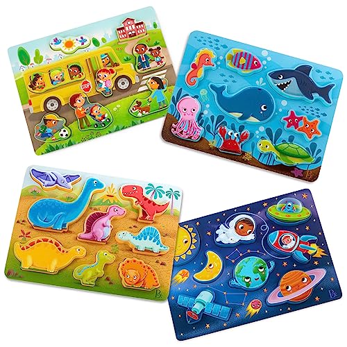 B. toys – Chunky Puzzle 4 Pack: Bus, Sea, Space, Dino – Wooden Puzzles with 8 Pieces Each – Educational Toys for Toddlers Develop Fine Motor Skills & Color Recognition – Fun Learning Activity 2+ Years