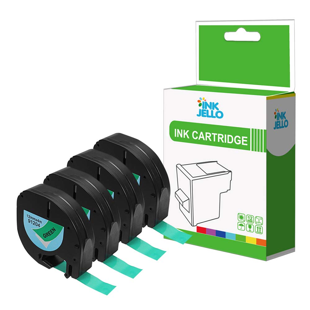 InkJello Compatible Label Tape Replacement For Dymo LetraTag LT-100H LT-100T LetraTAG QX50 XR 91204 (12mm x 4m) Black on dark green (4-Pack)