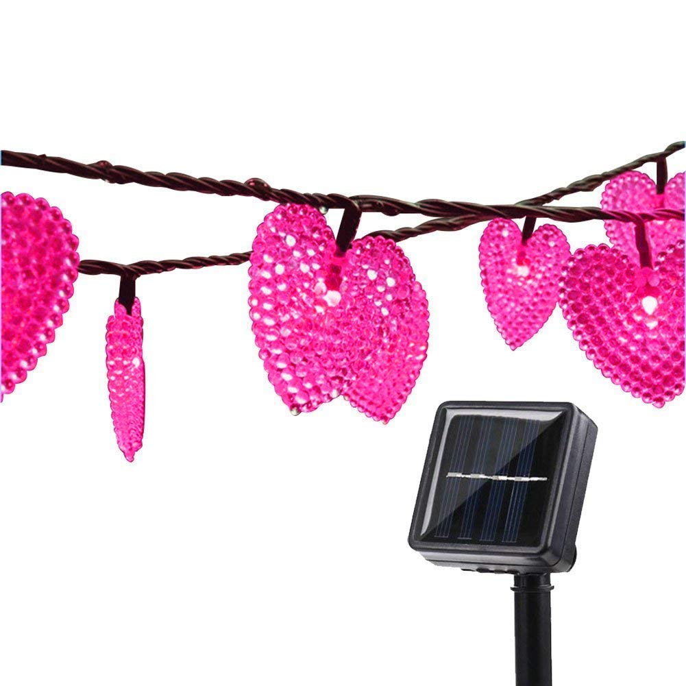 Solar String Lights ,DINOWIN 20ft 30LED Heart Light Garden Patio String Lights,Waterproof Indoor/Outdoor String Light 8 Modes Mood Lighting Decorative for Wedding Party Home Xmas Tree(Pink)